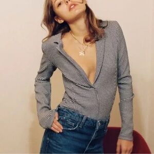 Zara Black and White Houndstooth Blazer bodysuit size medium business going out